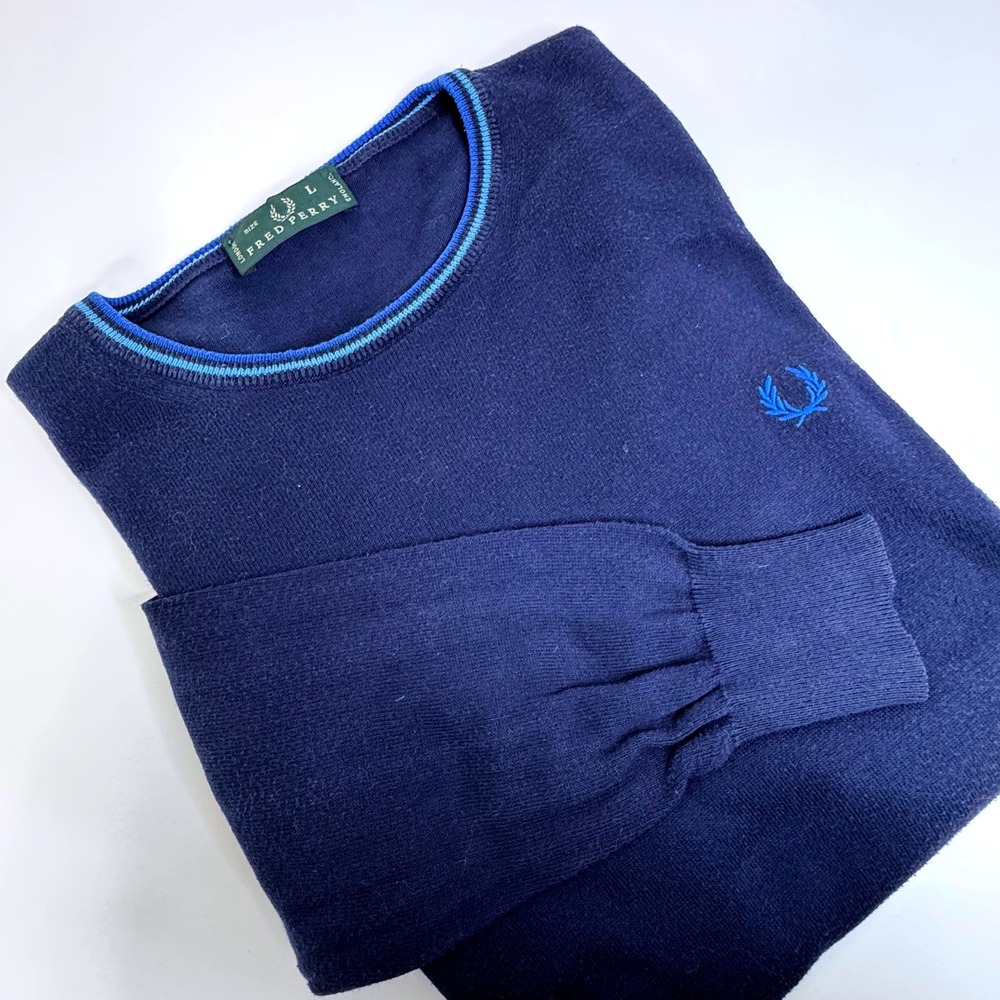 FRED PERRY VTG 90s Mens Crew Neck Cotton Sweater LG‎ Preppy Tennis Prep Classic